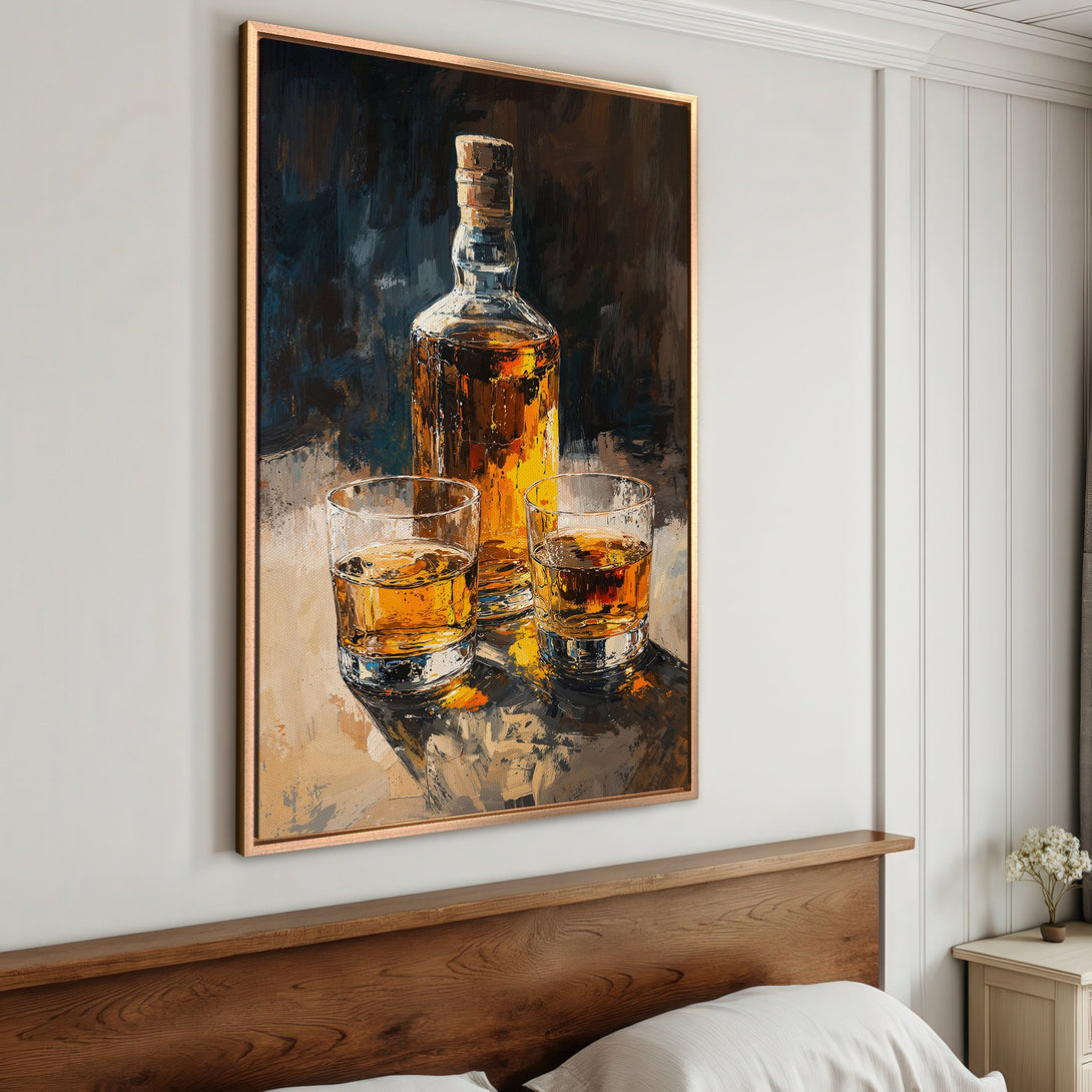 Framed Wall Art: Abstract painting of whiskey bottle and glasses in warm, inviting tones. Perfect for adding a touch of sophistication to your space.