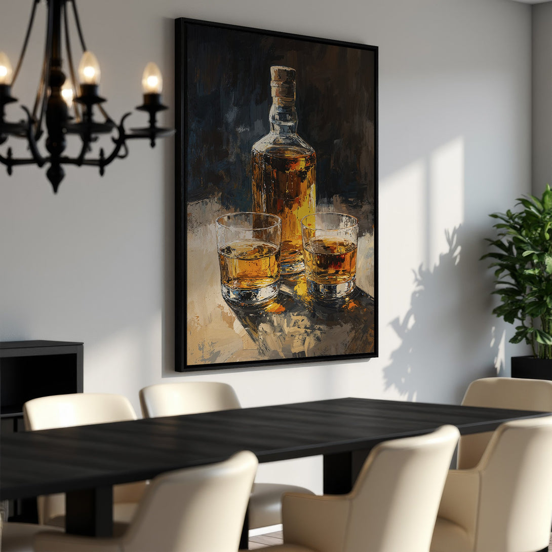 Framed Wall Art: Whiskey bottle and glasses abstract painting in warm tones. Perfect dining room decor. Add a touch of sophistication with this canvas print.