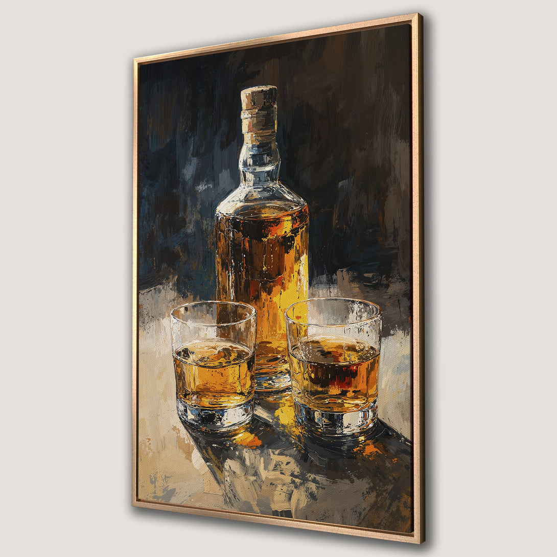 Framed Wall Art: Whiskey bottle and glasses, impressionistic style, warm amber and dark neutral tones. Perfect for a home bar or dining room.