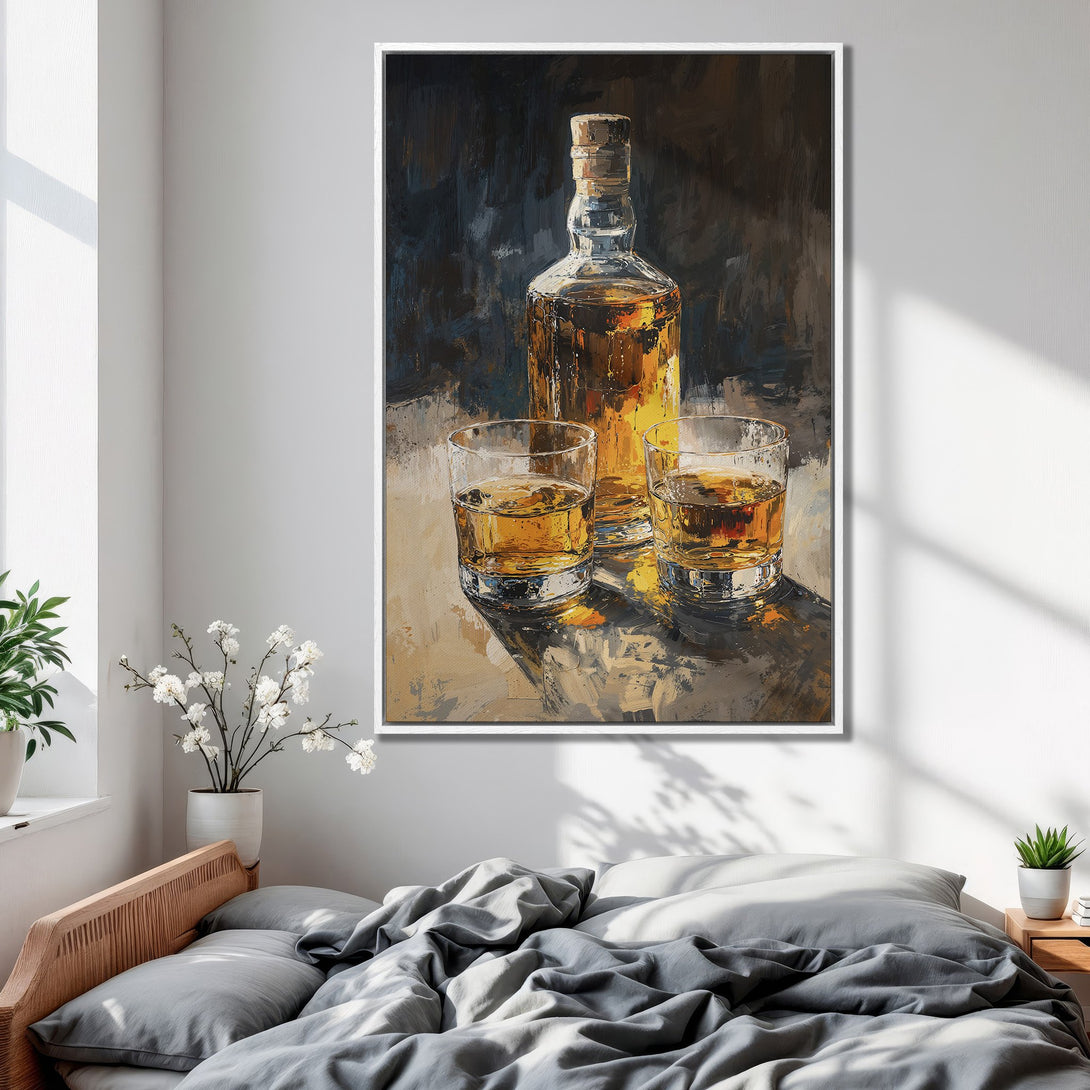 Framed Wall Art: Whiskey bottle and glasses painting in warm tones. Perfect for adding a touch of sophistication to your home decor.