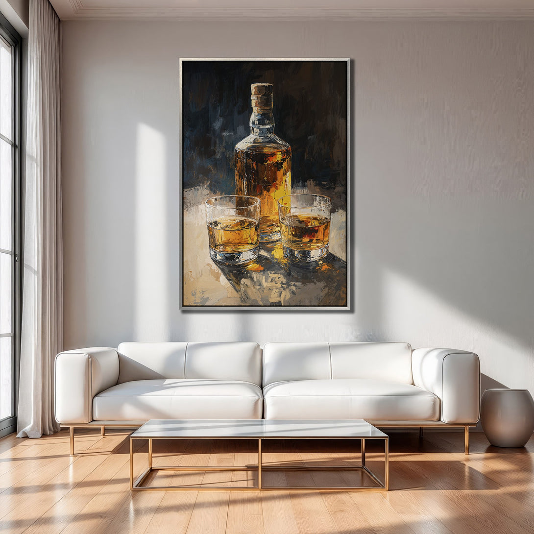 Framed Wall Art: Whiskey bottle and glasses in a modern, impressionistic style with warm, amber and neutral tones. Perfect for a stylish living room.