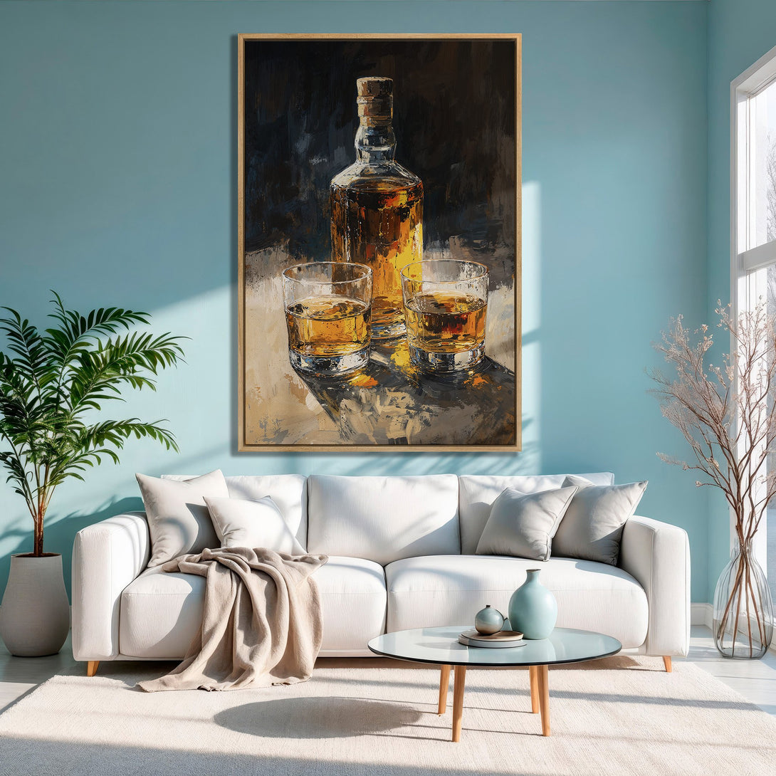 Framed Wall Art: Whiskey bottle and glasses painting in warm hues. Stylish decor for any room. Adds a touch of elegance to your home.