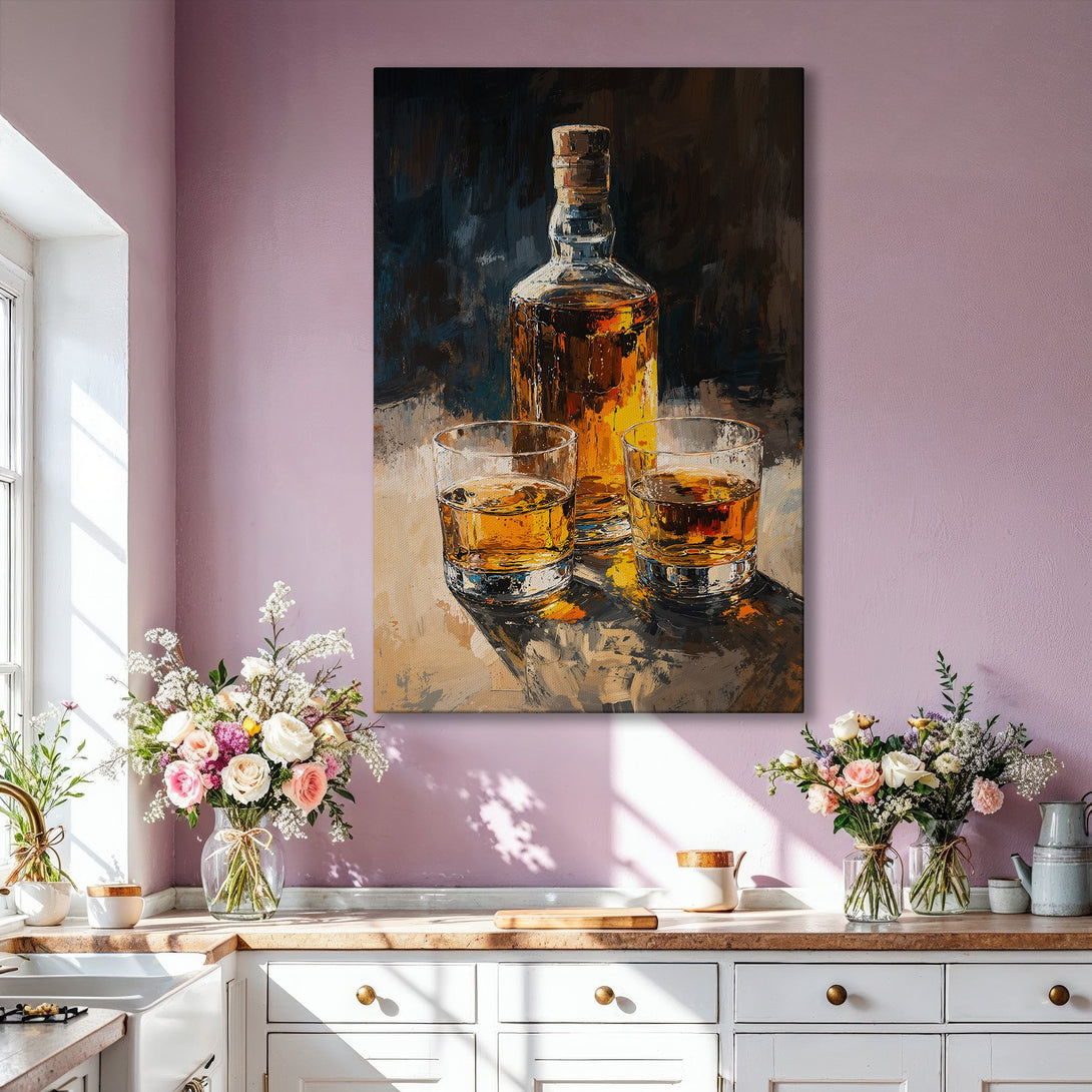 Framed Wall Art of whiskey bottle and glasses in a warm, inviting color palette. Modern art for home decor, perfect for a living room or bar area.