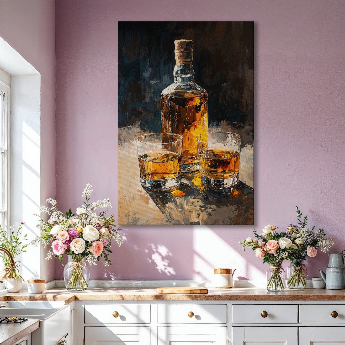 Vintage Whiskey Bottle and Glass Canvas Print Decor