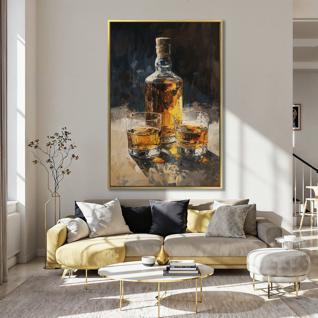 Canvas Print of whiskey bottle and glasses, impressionist style, warm amber and brown tones, displayed in a stylish interior.