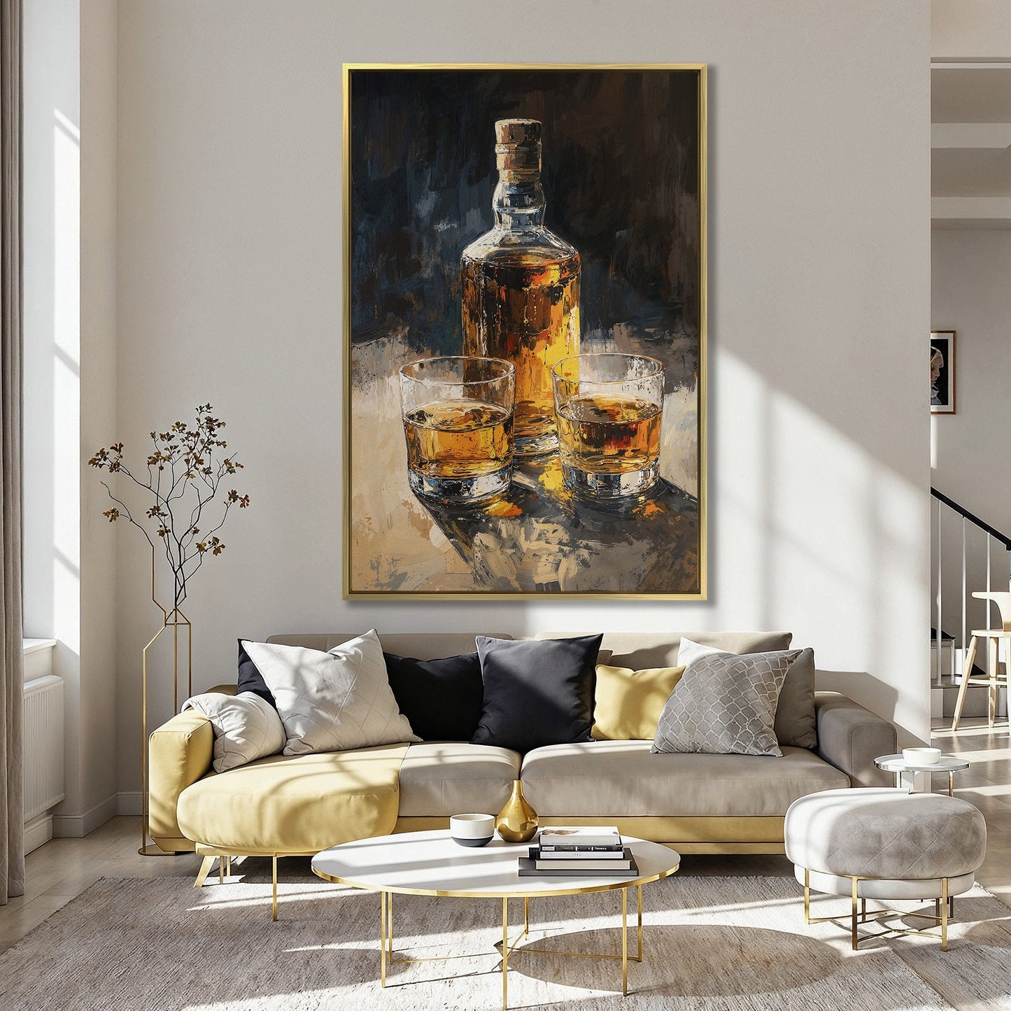 Vintage Whiskey Bottle and Glass Canvas Print Decor