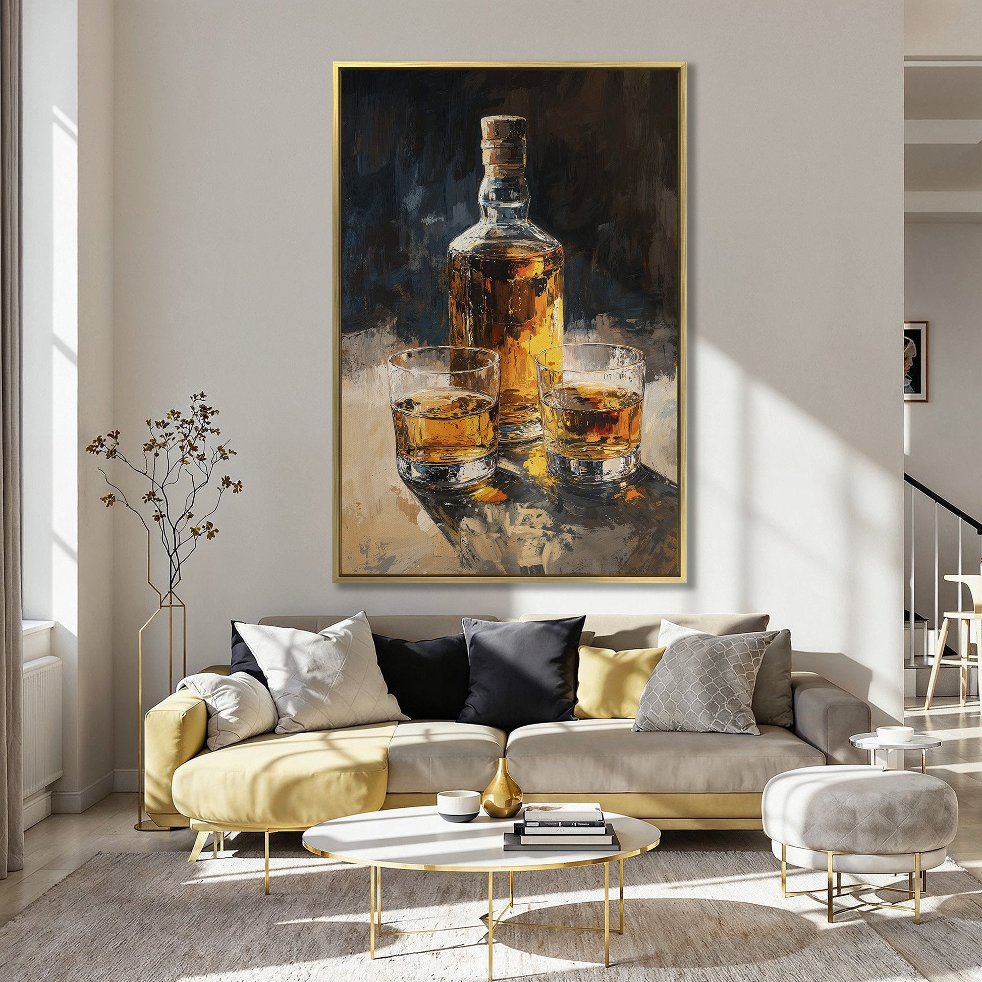 Vintage Whiskey Bottle and Glass Canvas Print Decor