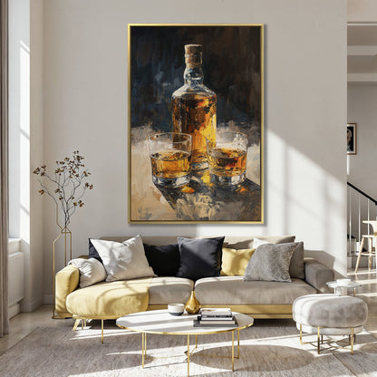 Vintage Whiskey Bottle and Glass Canvas Print Decor