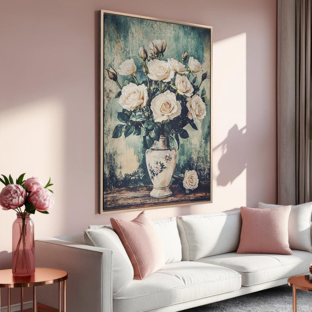 Framed Wall Art: Vintage floral canvas print featuring white roses in a vase. Soft, romantic style with a muted teal and blush color palette. Perfect home decor!