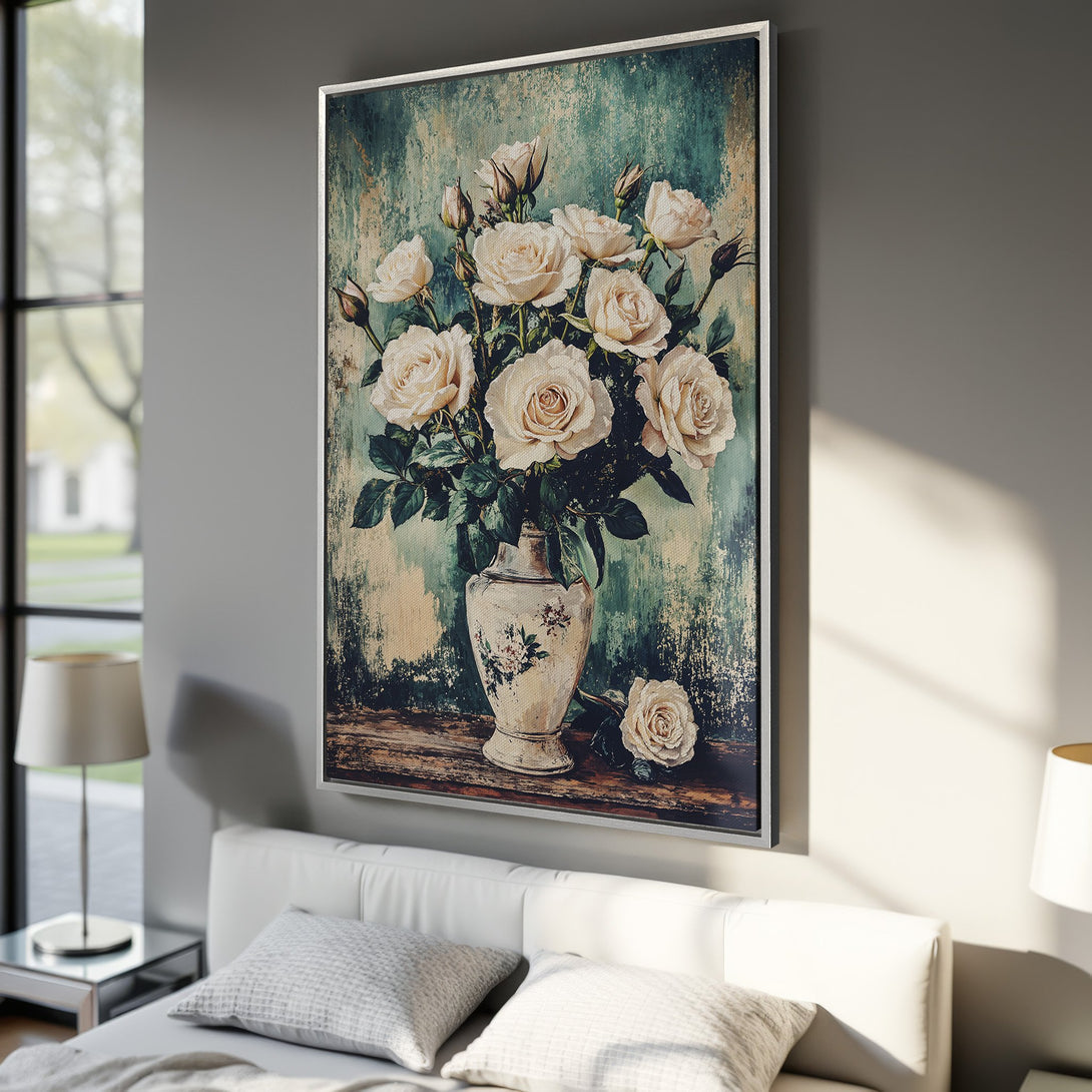 Framed Wall Art: Vintage-style Canvas Print of white roses in a vase. Features a serene teal and cream color palette, perfect for bedroom decor.