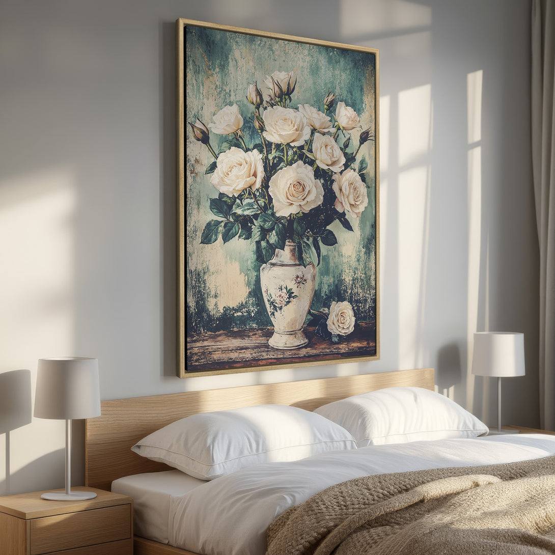 Framed Wall Art featuring a vintage-style floral still life with white roses. Soft, muted color palette adds elegance to any bedroom. Shop now!