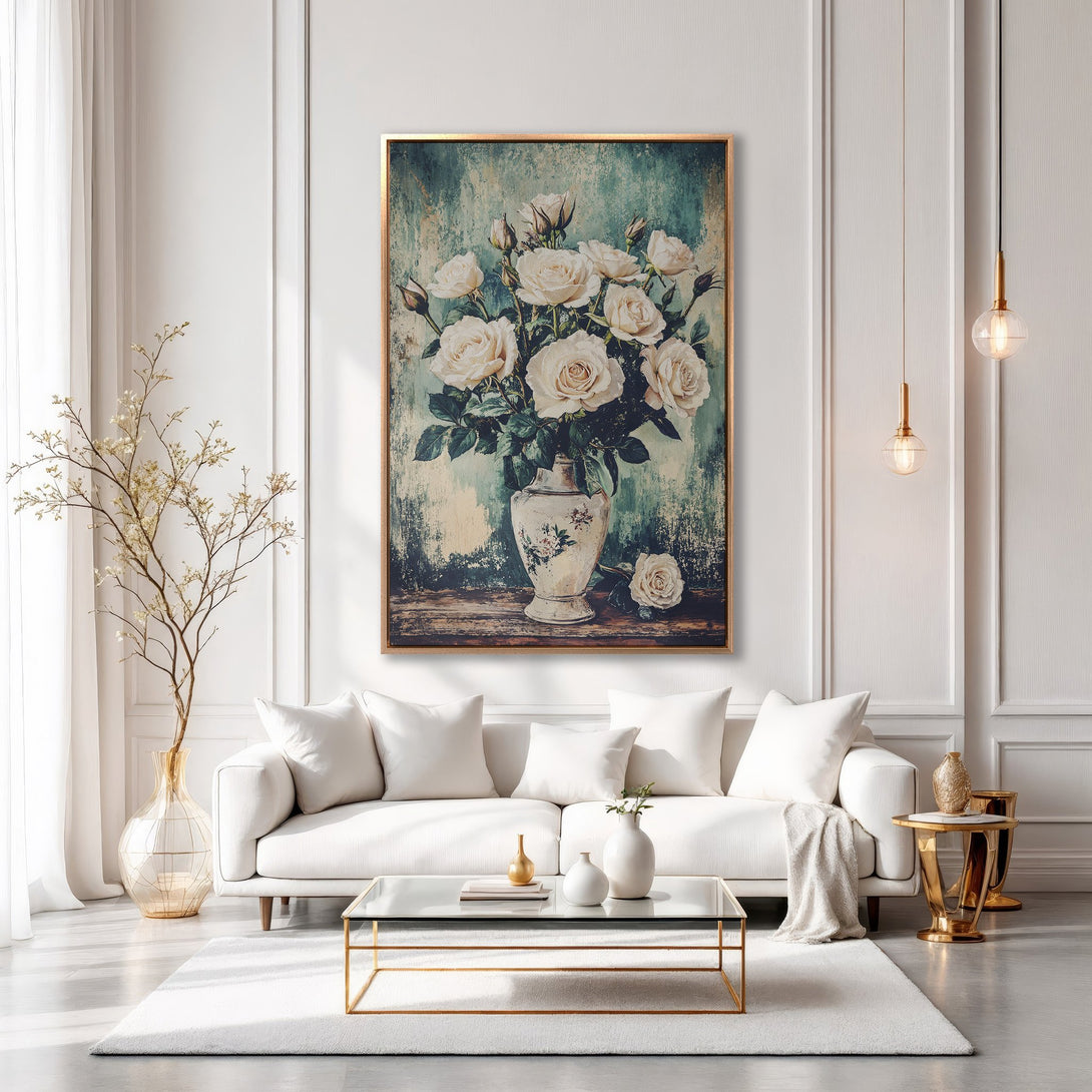 Framed Wall Art featuring a vintage-style floral still life in a gold frame. Elegant white roses on a teal background, perfect for modern interiors.