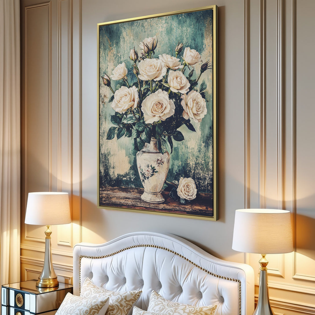 Canvas Print of white roses in a vase, vintage style, displayed in a living room. Features a calming blue and cream color palette.