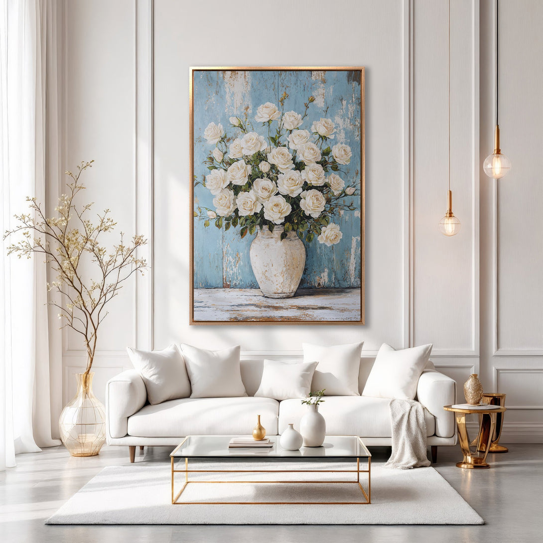 Framed Wall Art featuring a floral still life of white roses in a vase, set against a blue backdrop. Elegant, classic style with a neutral color palette.