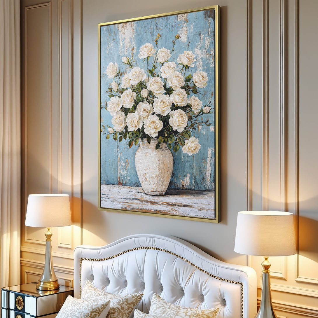 Canvas Print of white roses in a vase, set against a blue rustic background. Soft, neutral color palette perfect for any interior.