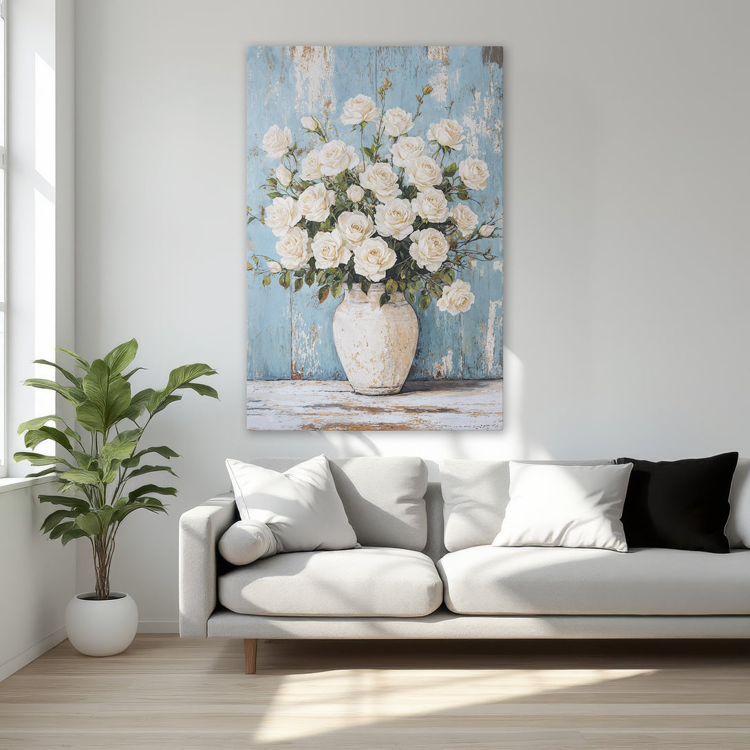 Framed Wall Art featuring a floral still life with white roses on a blue background. Elegant painting with a vintage style and a soft color palette.