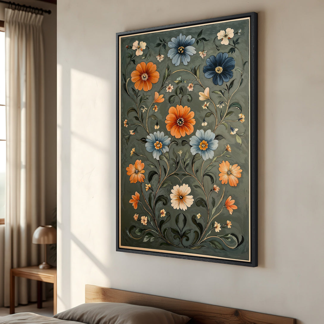 Framed Wall Art featuring a floral design with orange, blue, and cream flowers on a teal background. Perfect for adding a touch of elegance.