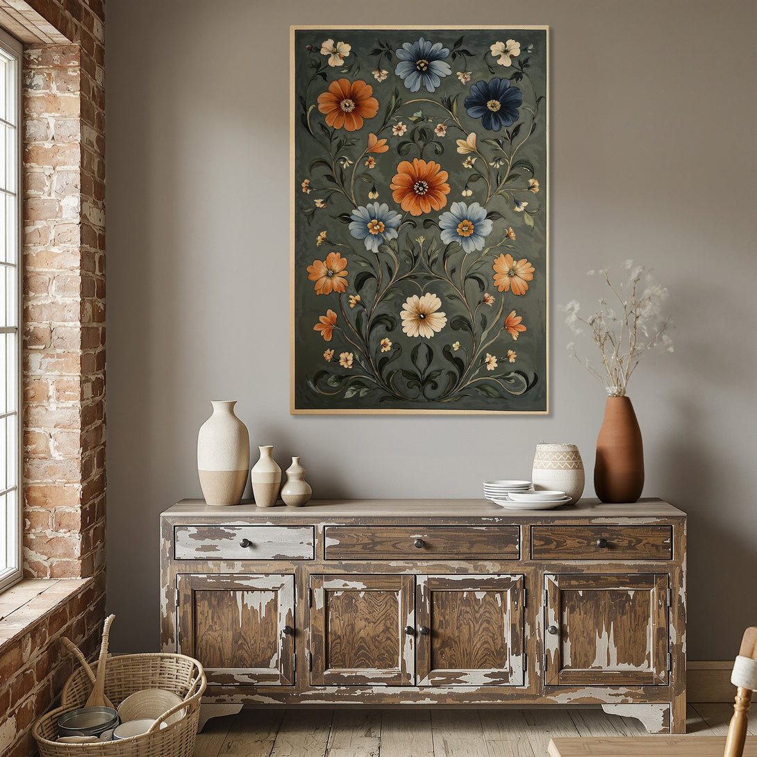 Framed Wall Art featuring floral design with orange, blue, and green hues. Perfect for adding a touch of elegance to your dining room.