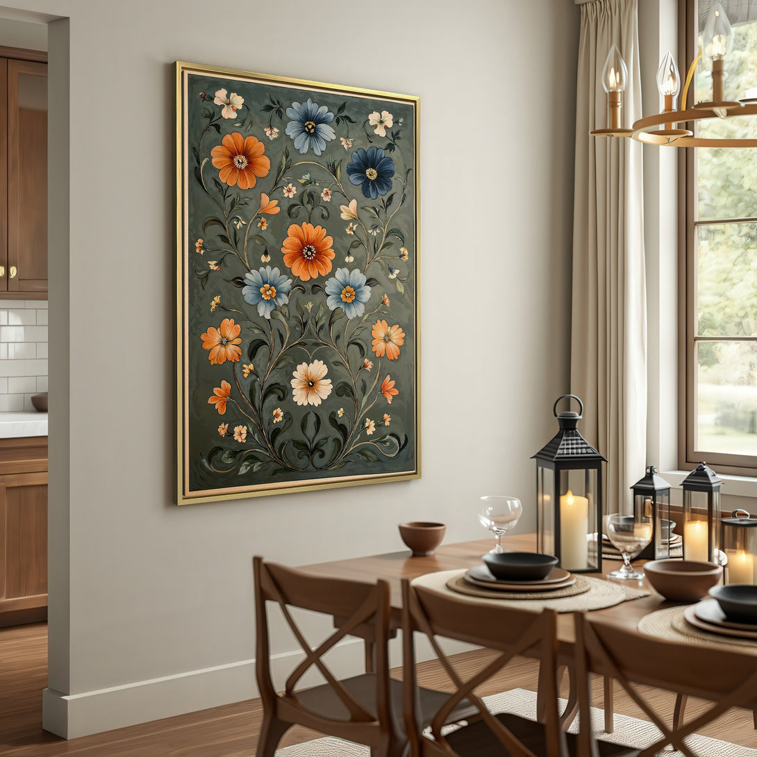 Framed Wall Art featuring a floral design in a vintage style. The color palette includes teal, orange, and cream hues, perfect for adding a touch of elegance.