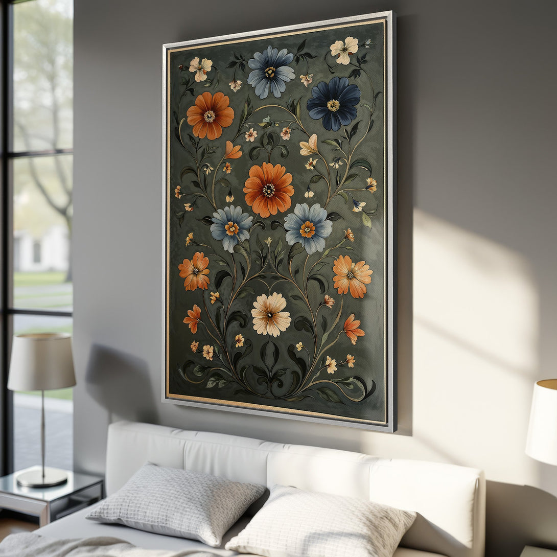 Framed Wall Art featuring a floral design in a vintage style with orange, blue, and green hues. Perfect for adding a touch of elegance to your space.