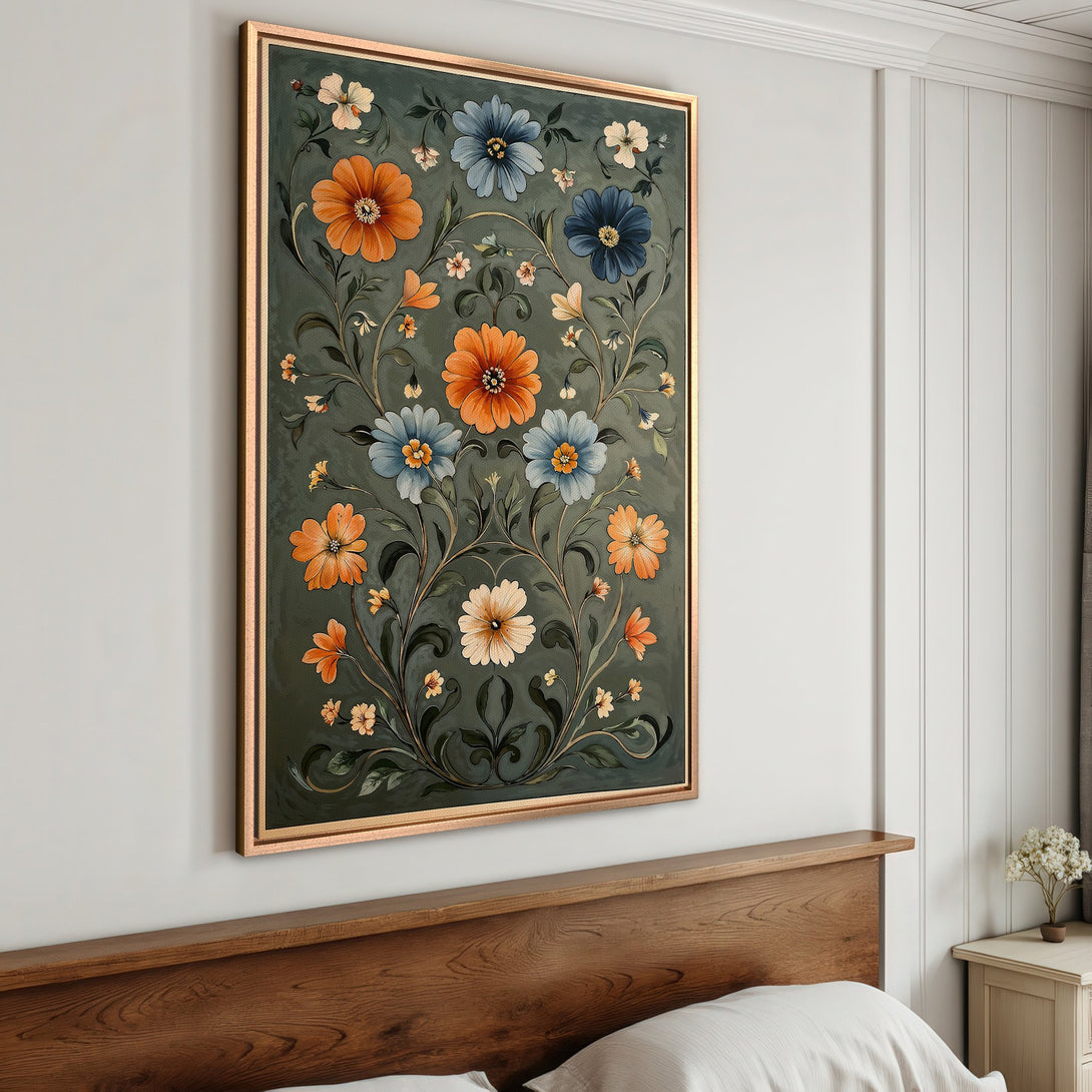 Framed Wall Art: Floral print with orange, blue, and white flowers on a dark green background. Perfect for adding a touch of elegance to your bedroom decor.