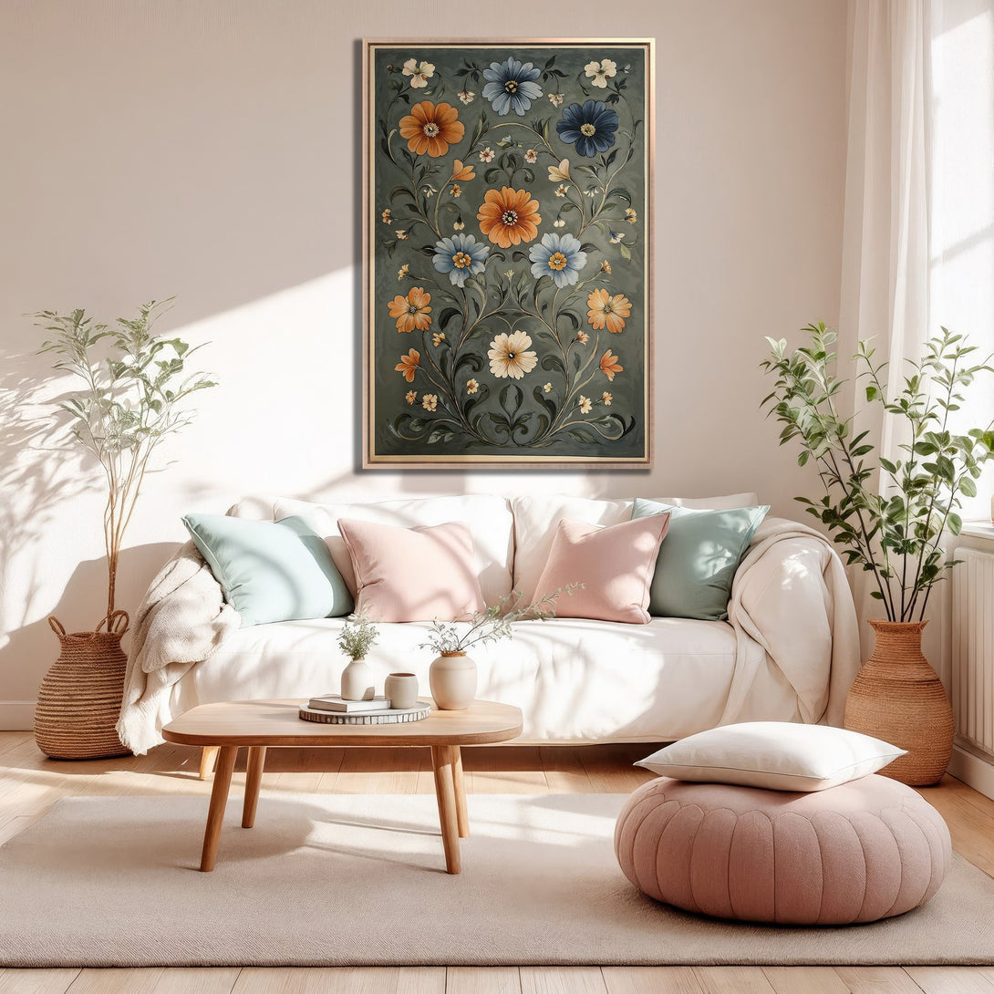 Framed Wall Art featuring floral artwork in a vintage style with a teal, orange, and cream color palette. Perfect for adding a touch of elegance to your home!