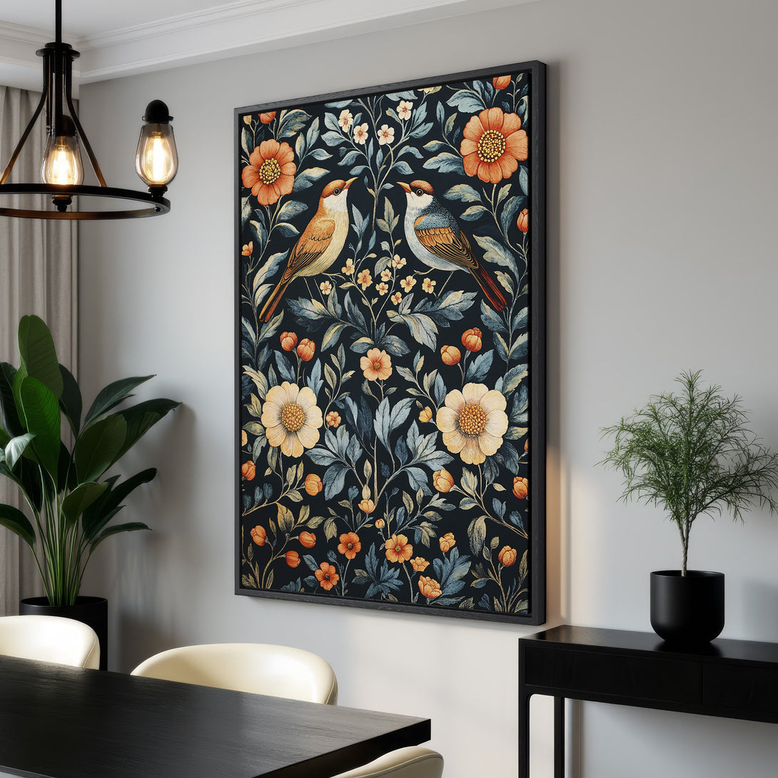 Framed Wall Art featuring birds and floral design in a vintage style. Warm orange, blue, and yellow tones on a dark background, perfect for home decor.