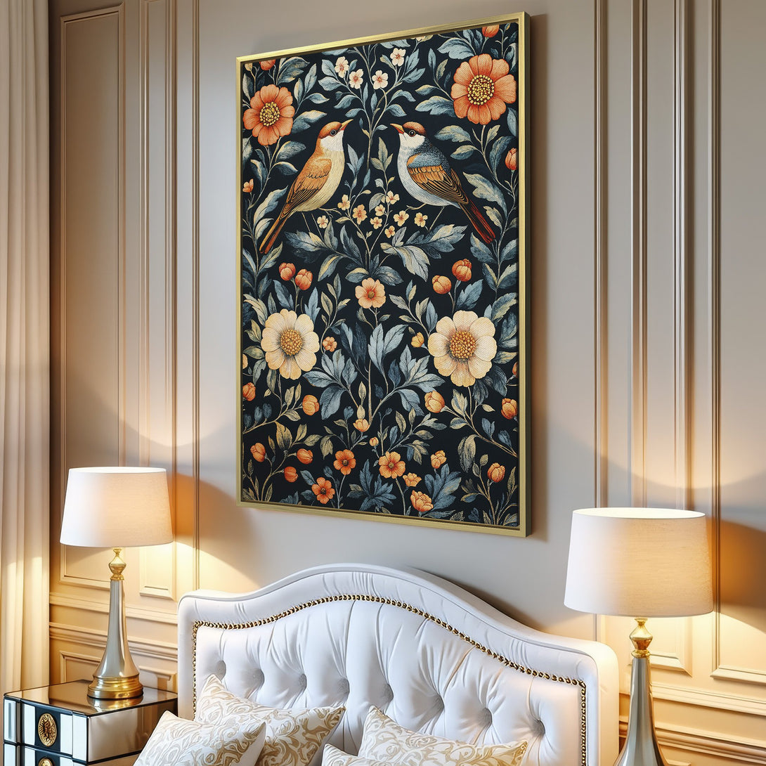 Canvas Print featuring a floral and bird design in a watercolor style with a dark blue, orange, and cream color palette. Perfect for adding a touch of elegance.