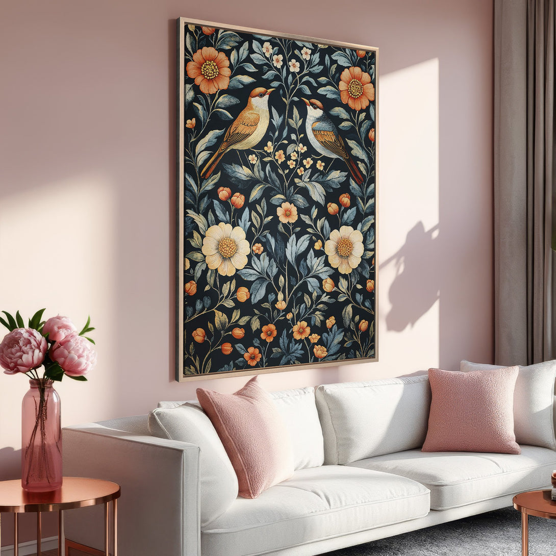 Framed Wall Art: Floral bird design in a vintage style with a dark background and warm orange, yellow, and blue hues. Perfect for living room decor.
