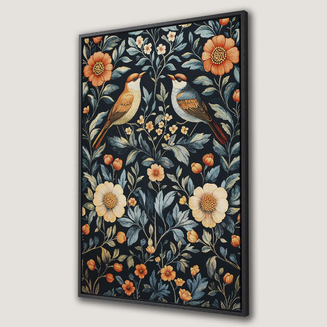 Framed Wall Art featuring a vintage floral and bird design. Dark blue background with orange, yellow, and blue hues. Perfect for adding a touch of elegance to your home!