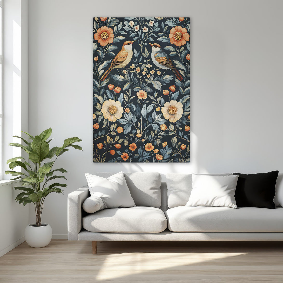 Framed Wall Art featuring birds and floral design in a vintage style. Dark background with orange, blue, and cream color palette. Perfect for bedroom decor.
