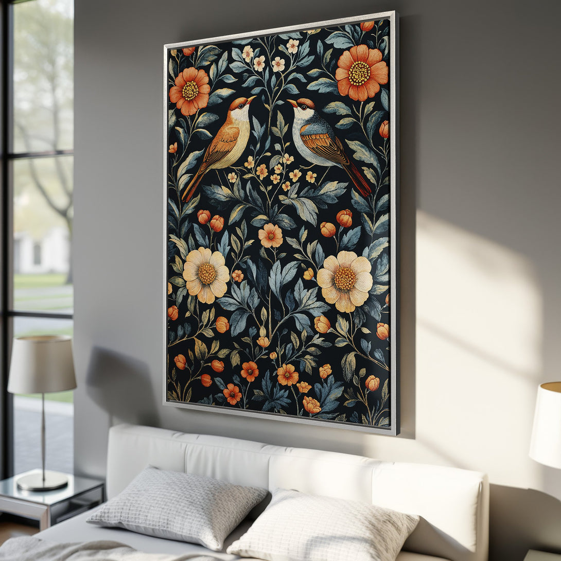 Framed Wall Art featuring a floral and bird design in a vintage style. The color palette includes orange, blue, and yellow on a dark background. Perfect for home decor.
