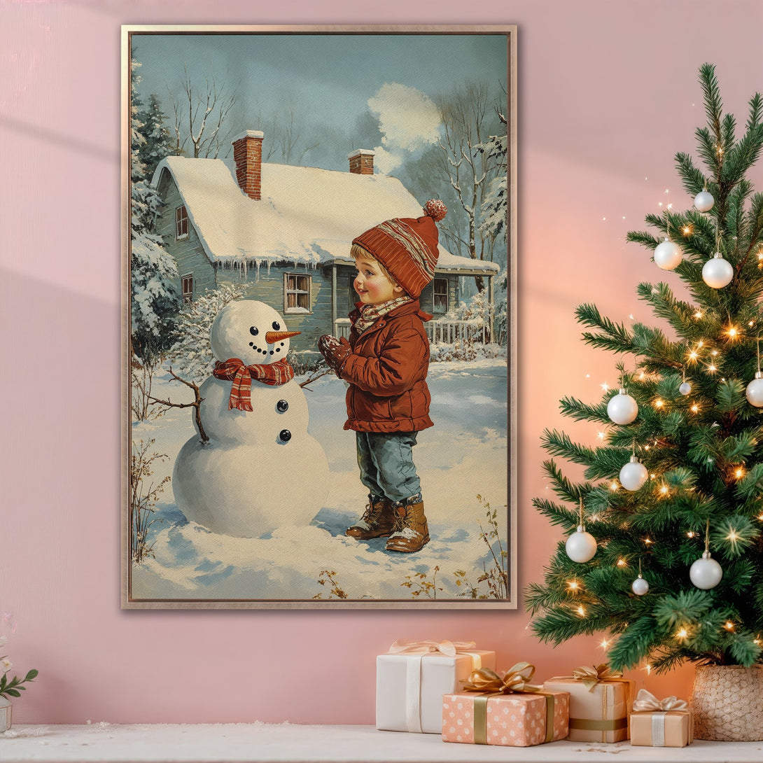 Framed Wall Art: Charming winter scene Canvas Print featuring a child & snowman in a vintage style, with a cozy red, blue, & white color palette. Perfect holiday decor!