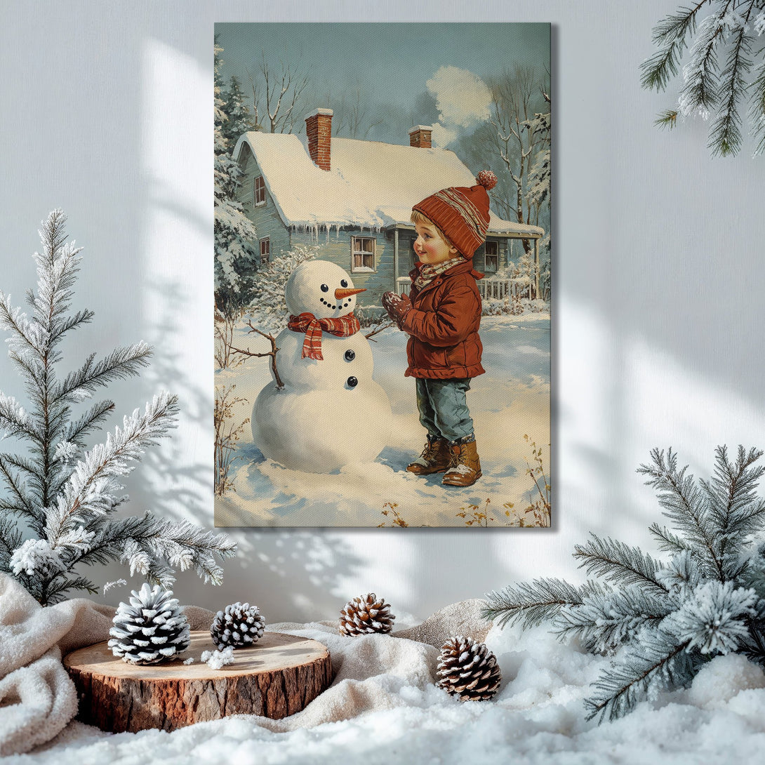 Framed Wall Art: Vintage winter scene with child & snowman, warm reds & blues. Perfect Christmas decor! Shop canvas prints for cozy holiday vibes.