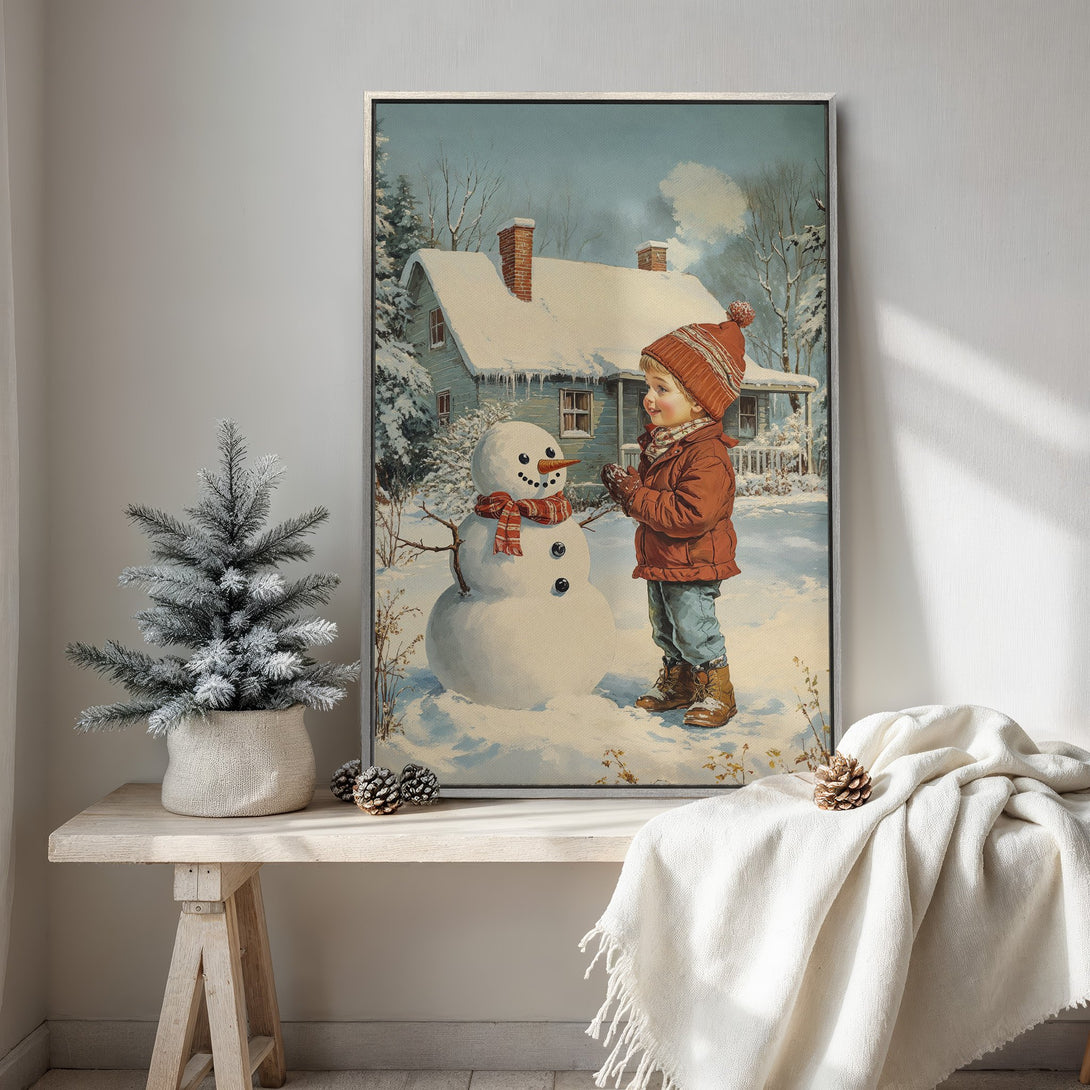 Framed Wall Art: Vintage winter scene with a child and snowman. Cozy, nostalgic art with a blue, red, and white color palette. Perfect for holiday decor.
