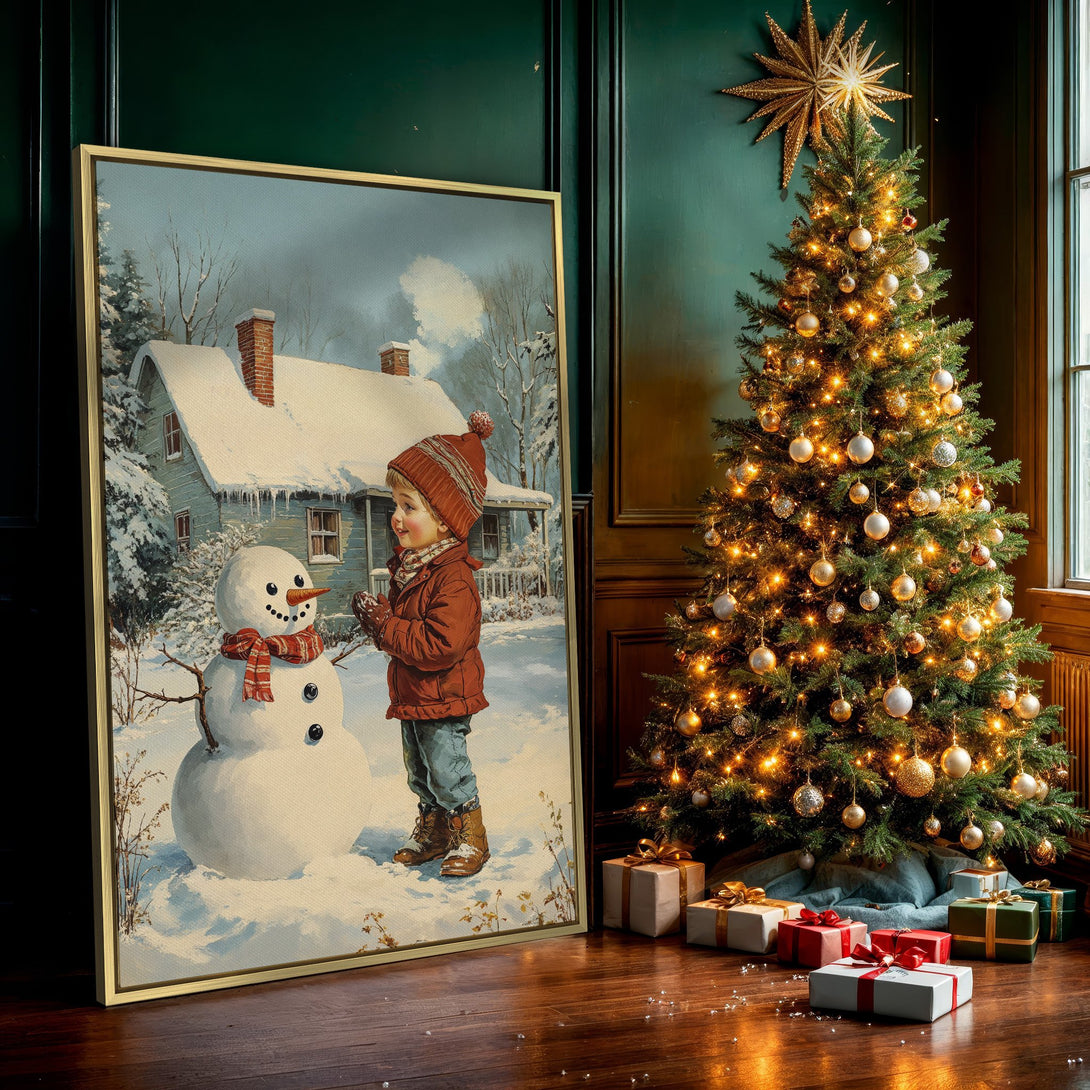Canvas Print: Vintage winter scene of a child building a snowman. Charming illustration in a soft, muted color palette, perfect for holiday decor.