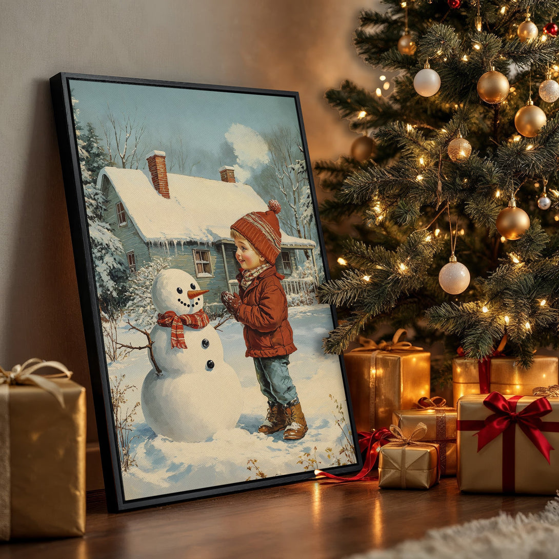 Framed Wall Art: Charming winter scene with a child building a snowman. Vintage style, cool blue and warm red tones. Perfect holiday home decor.