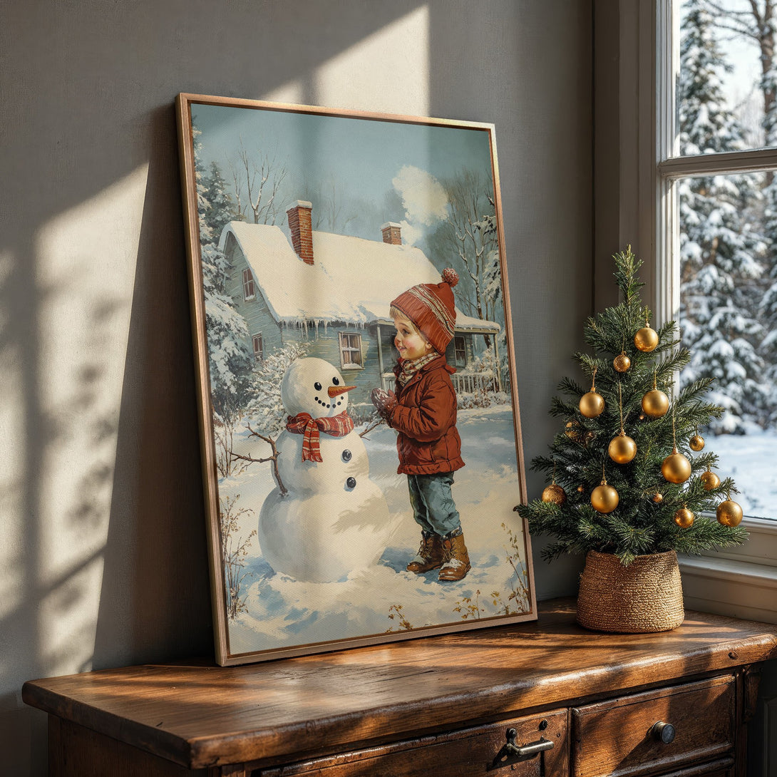 Framed Wall Art: Vintage winter scene Canvas Print featuring a child building a snowman. Charming artwork with a blue, red, and white color palette.