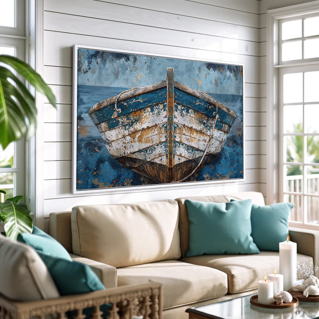 Framed Wall Art: Rustic boat painting in blue and white tones, perfect for coastal decor. Adds a touch of nautical charm to any interior space.