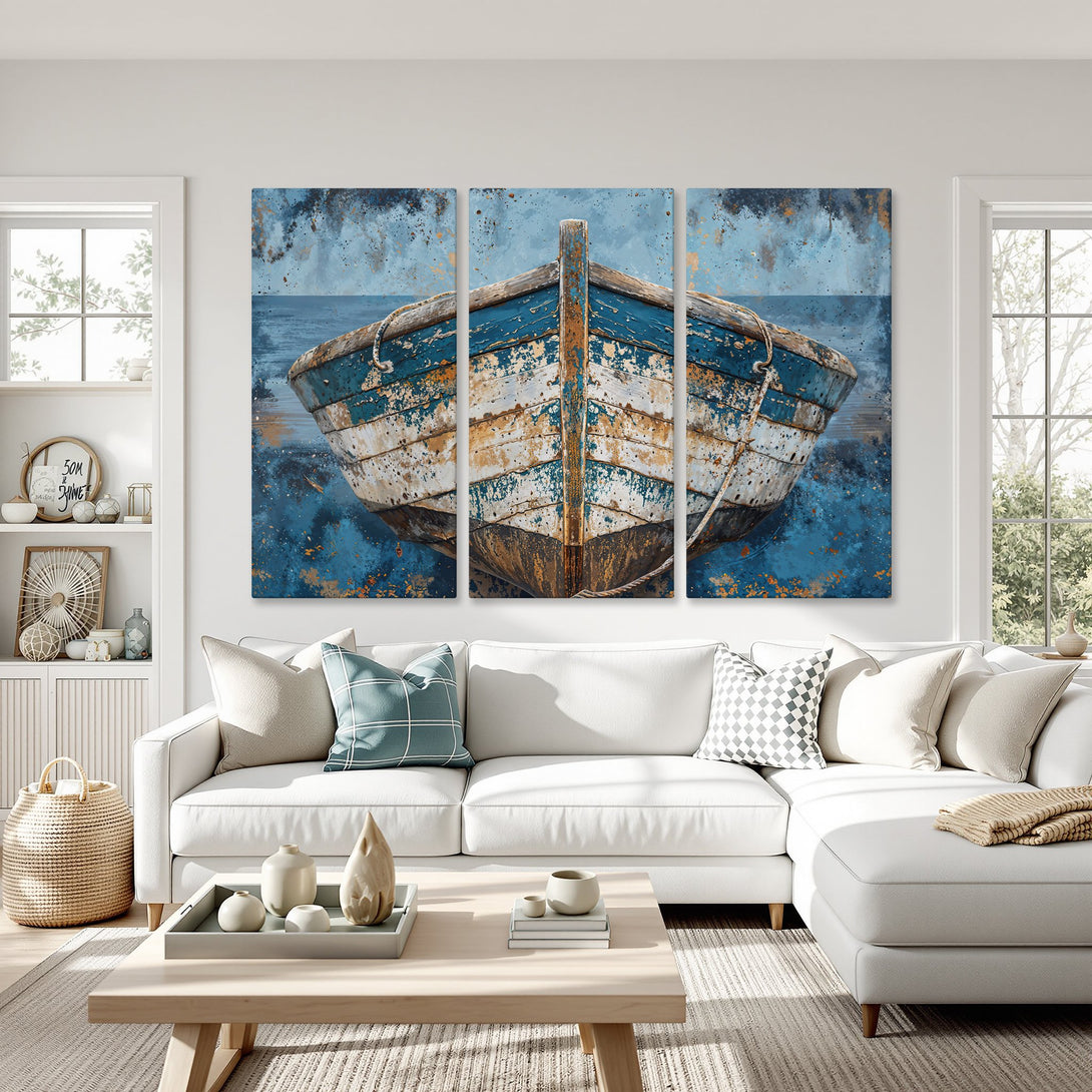 Canvas Print of a weathered boat in blue and brown tones. Coastal art in a modern living room.