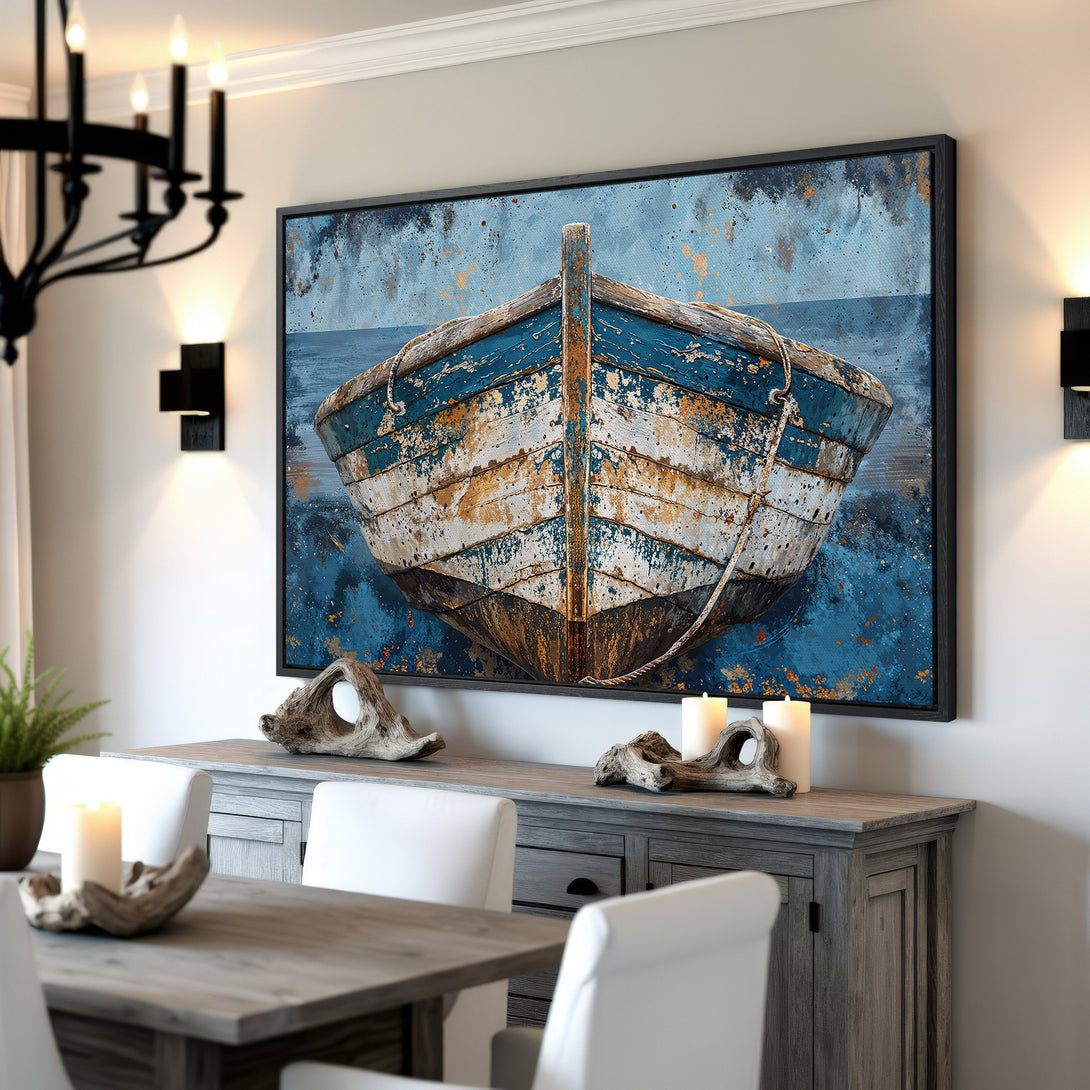 Framed Wall Art: Rustic boat art in blue and white hues. Coastal decor for your home. Add a touch of nautical charm with this canvas print.