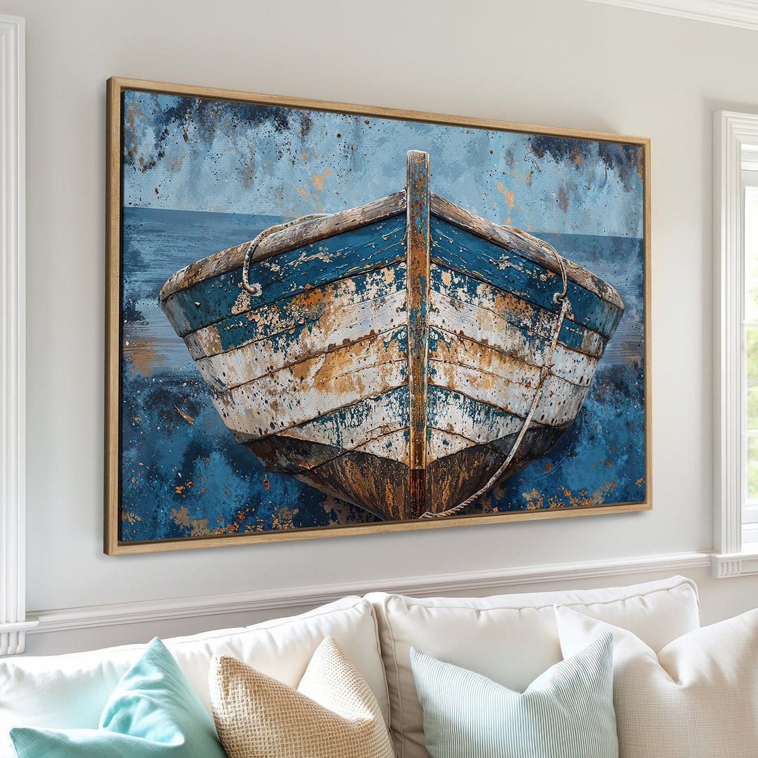 Framed Wall Art: Coastal boat painting in blue and white, rustic style. Perfect nautical decor for your living room.