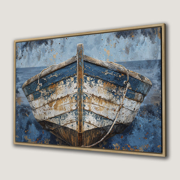 Framed Wall Art: Rustic boat painting in blue, white, and brown tones. Coastal art print perfect for adding a touch of nautical charm to your home decor.