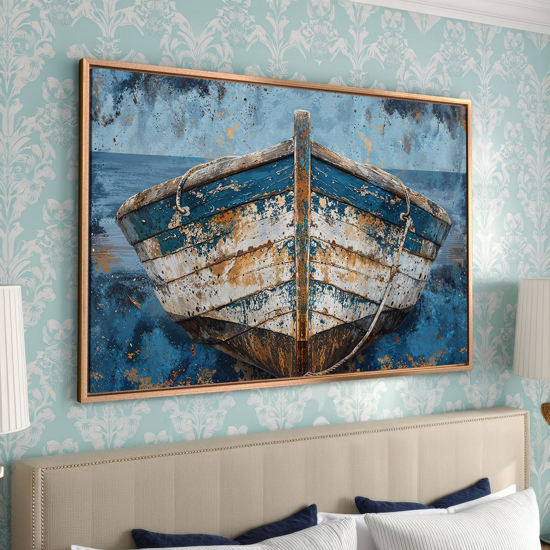 Framed Wall Art of a weathered boat in shades of blue and brown. Coastal style canvas print adds a touch of nautical charm to any space.