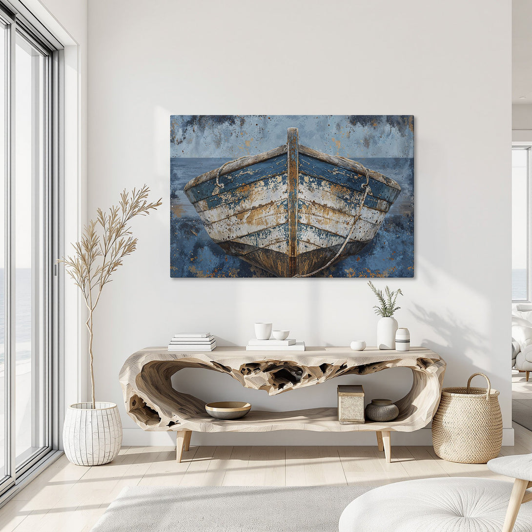 Framed Wall Art: Rustic boat painting in blue and white tones. Coastal art decor for a serene living space. Shop our Canvas Print collection!