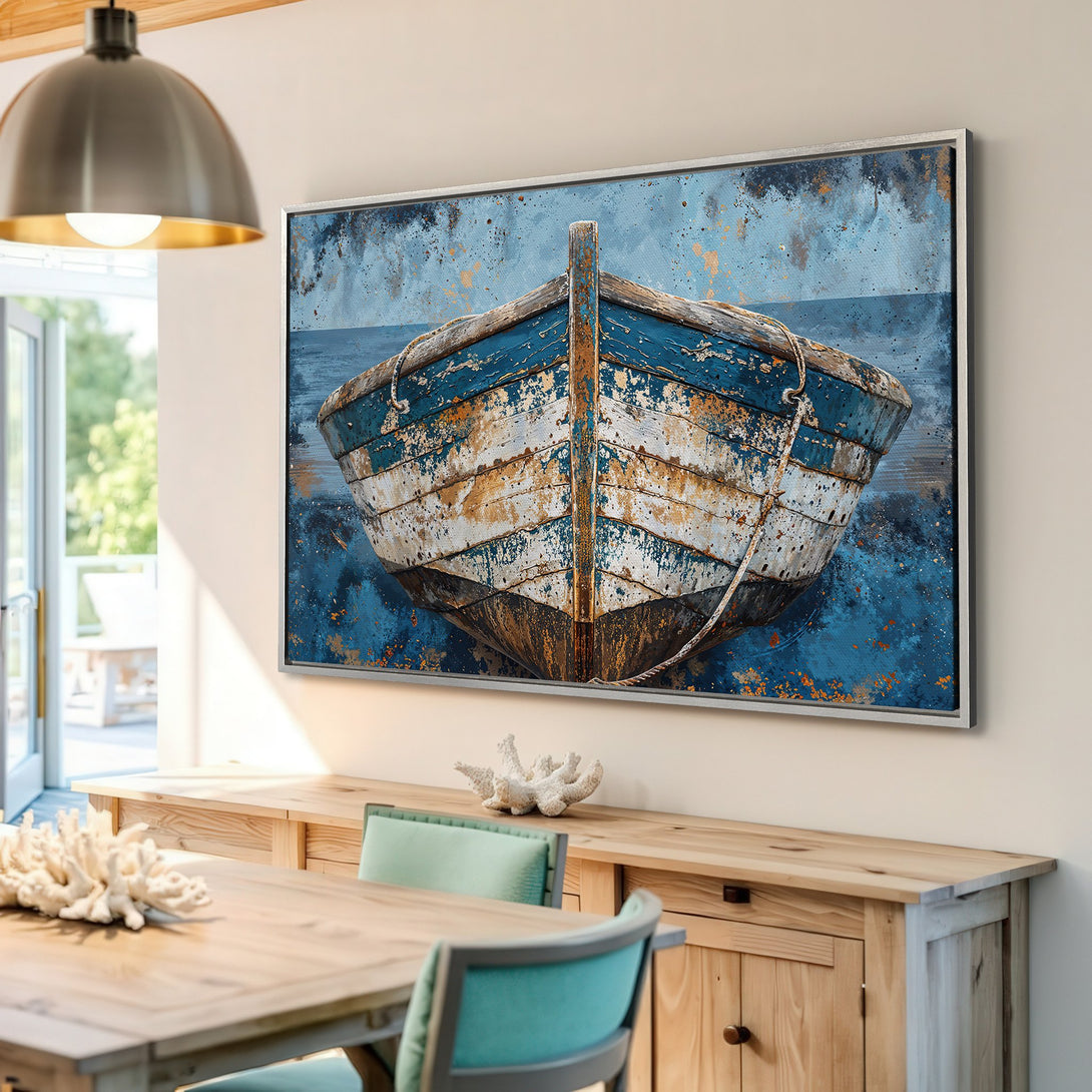 Framed Wall Art: Rustic boat print in blue and white tones. Coastal art for a relaxed interior. Add a touch of the sea to your home.