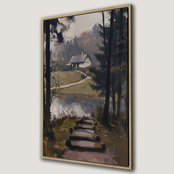 Framed Wall Art: Serene landscape painting of a cabin in the woods. Features a muted, earthy color palette, perfect for adding a touch of nature to your home.