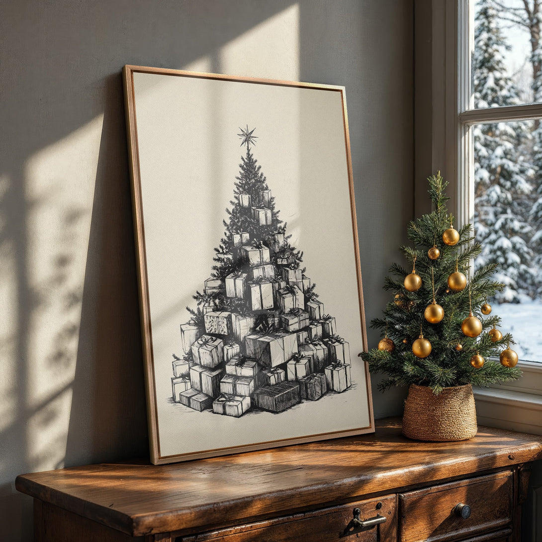 Framed Wall Art: Black and white Christmas tree sketch. Neutral tones and cozy interior setting. Perfect holiday decor for any home.