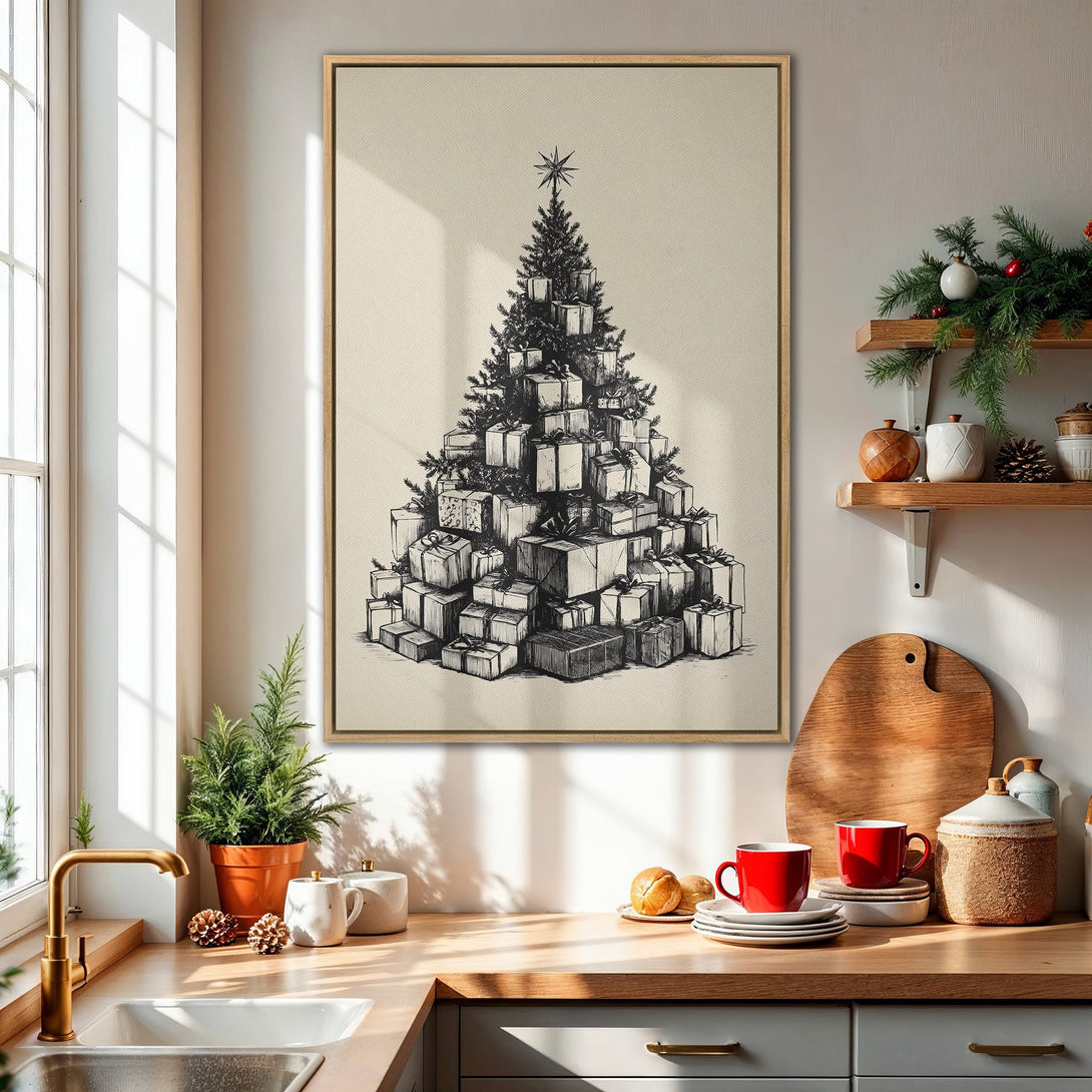 Framed Wall Art: Christmas tree illustration in a neutral color palette. Perfect for holiday decor, this canvas print adds a touch of cozy charm to any space.