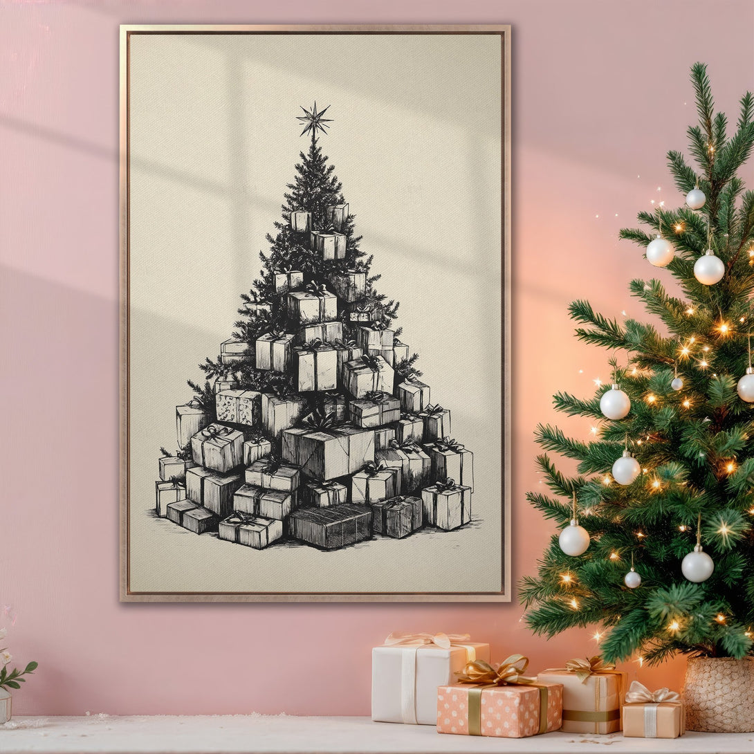 Framed Wall Art featuring a Christmas tree made of gifts, in a black and white sketch style. Warm, neutral tones with a pop of pink. Perfect holiday decor!